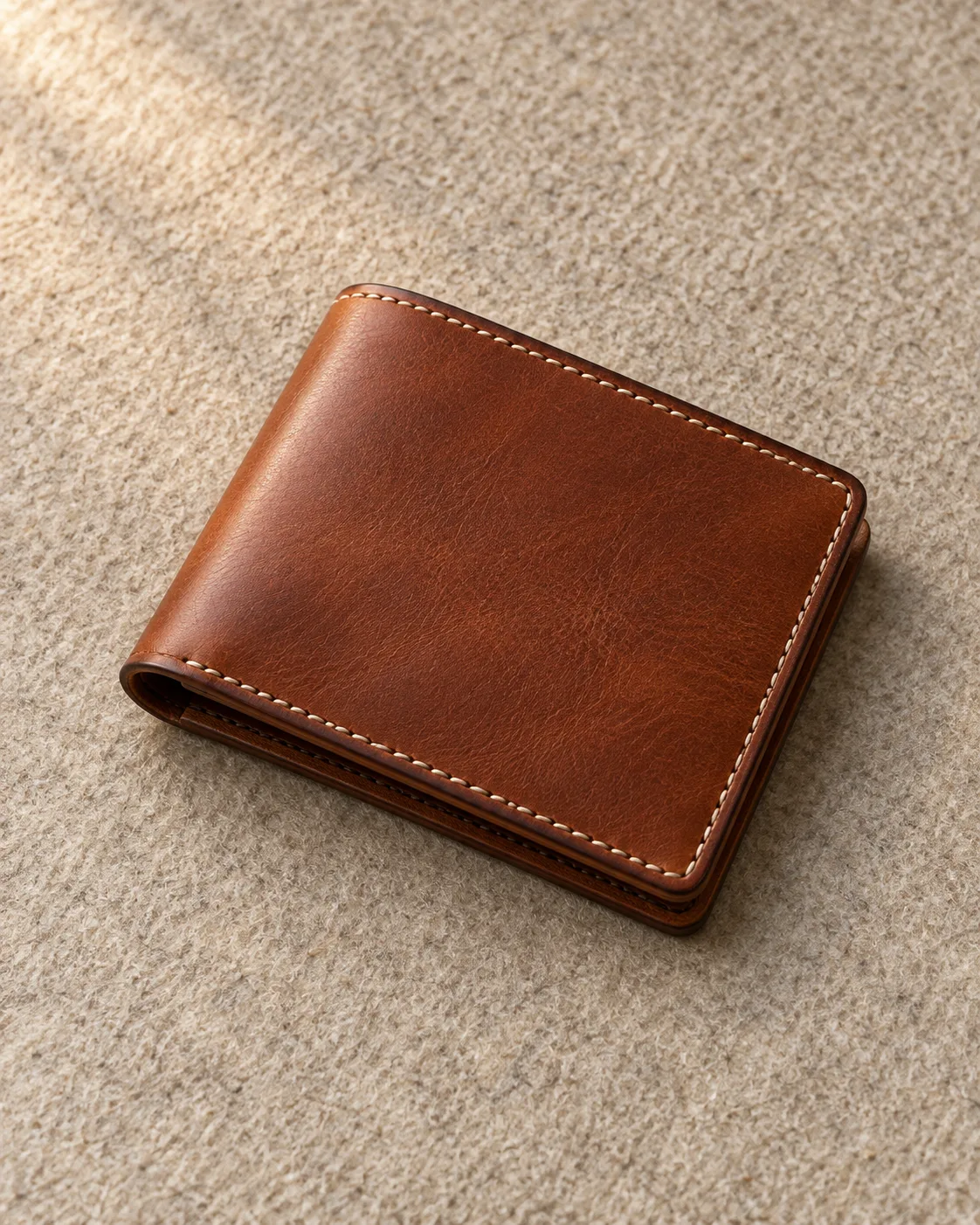 Chestnut bifold wallet with cream saddle stitching
