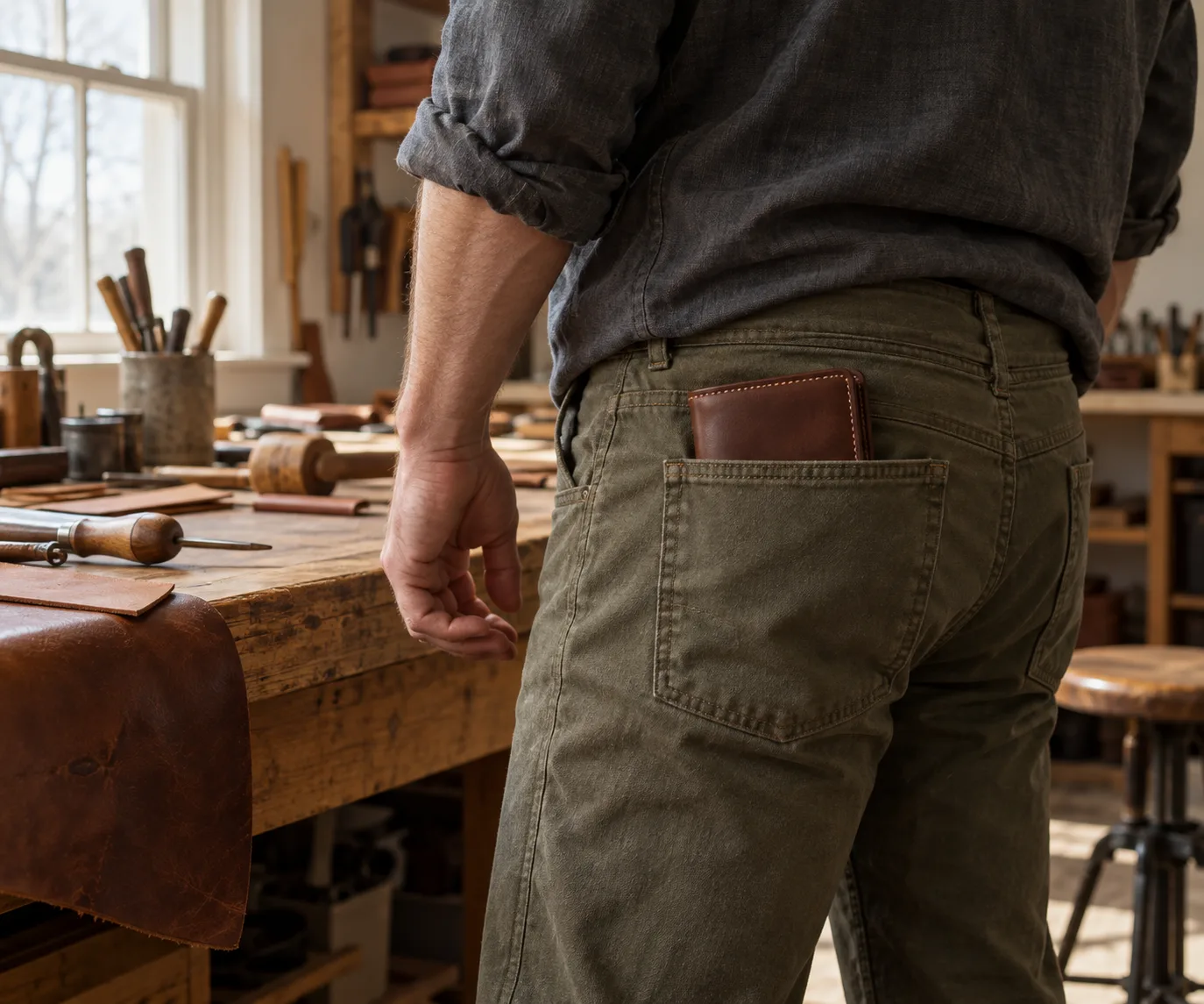 Chestnut wallet in the pocket of olive work trousers