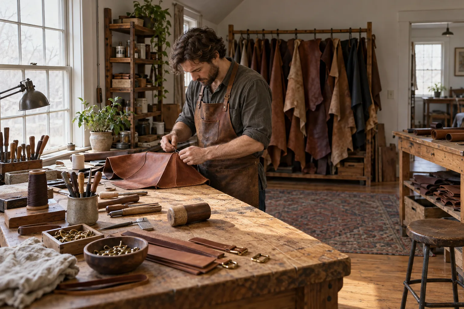 Daylight workshop with oak bench and leather hides on a rack