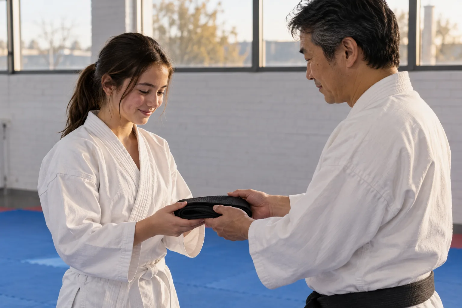 A student receiving her black belt
