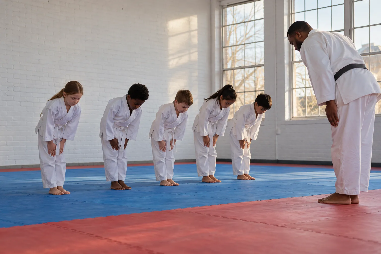 Children bowing to their instructor at the beginning of class