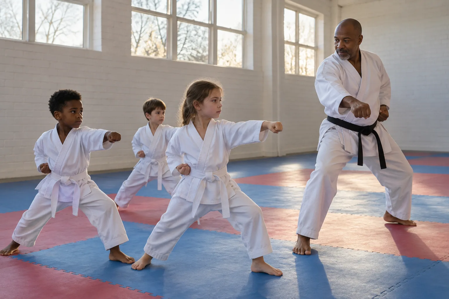 Students practicing a basic stance with an instructor