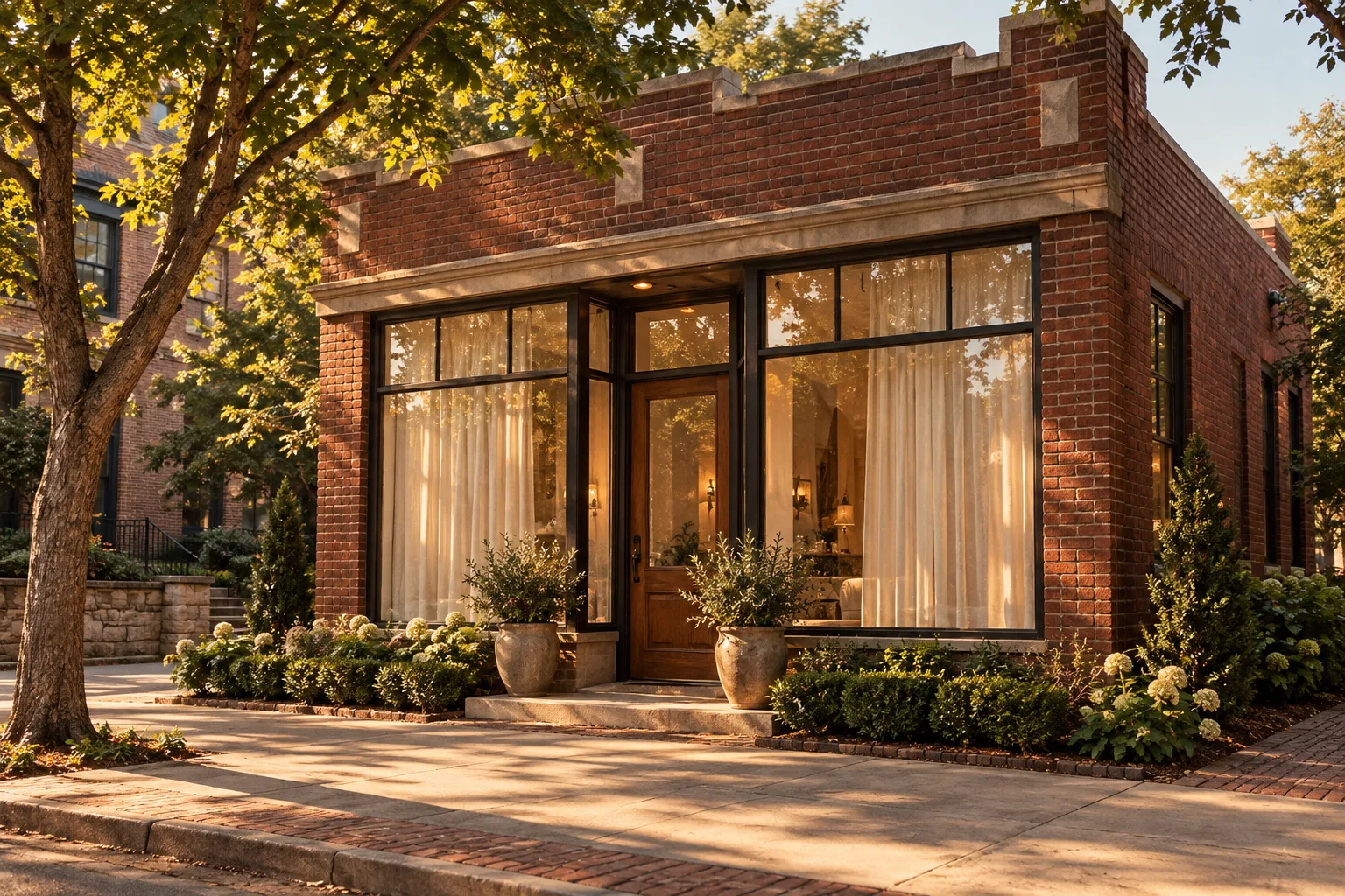 An intimate brick storefront in Little Rock with unlettered windows