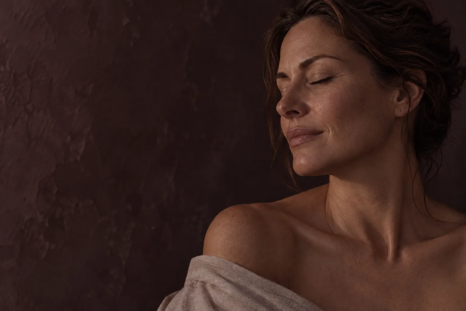 A woman in her forties with eyes closed in soft warm light, natural skin texture retained