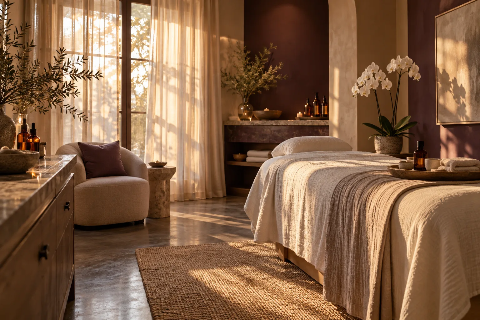 Warm plaster treatment room with linen bed and a single orchid