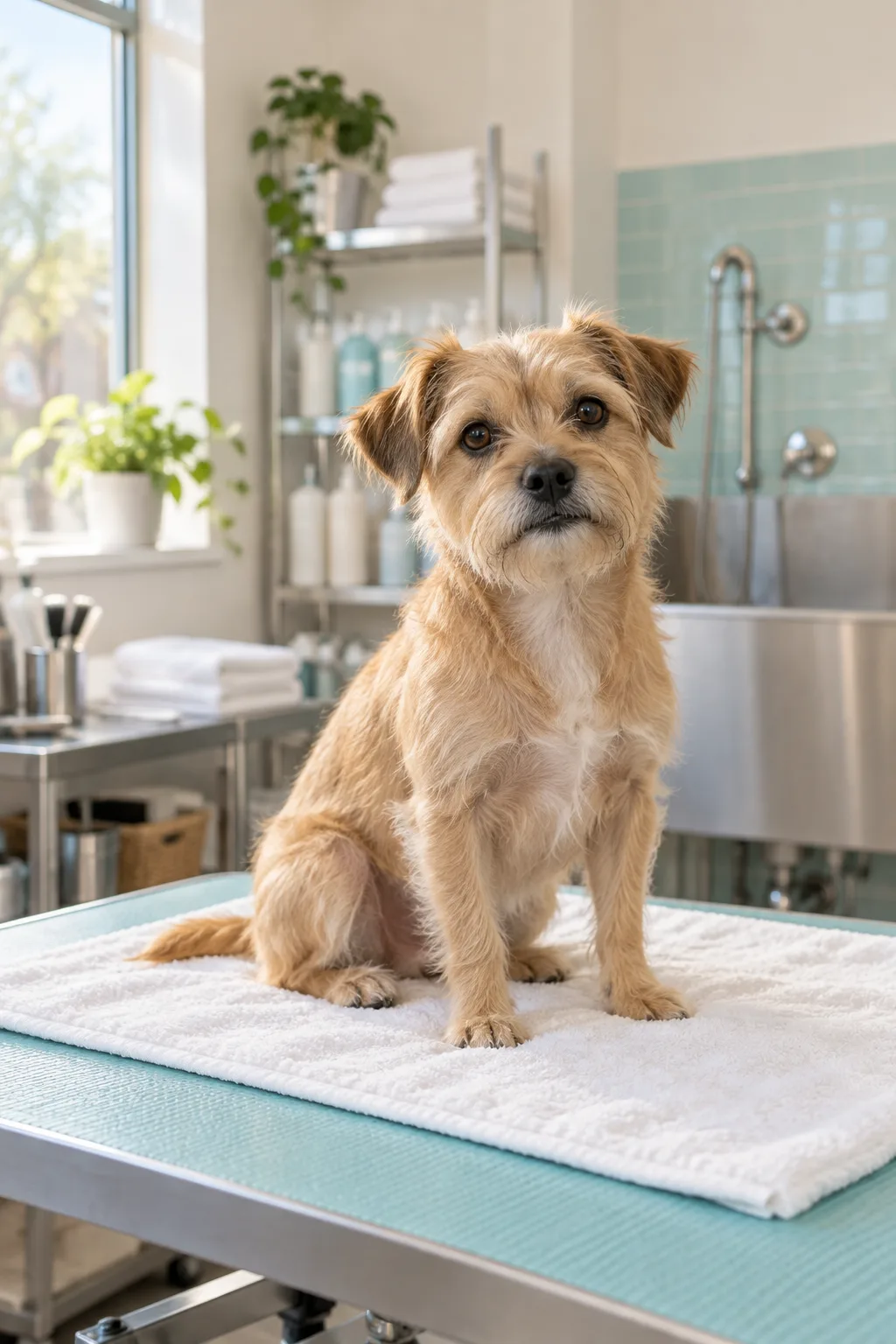 A relaxed small dog waiting on a towel