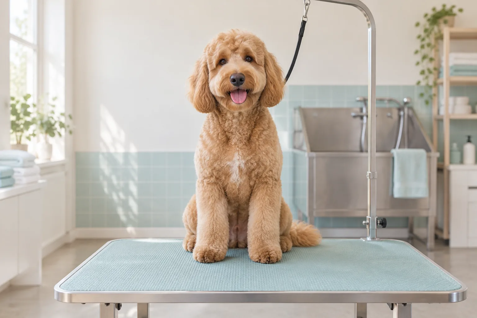 An apricot Doodle with a fresh teddy cut on the aqua grooming table