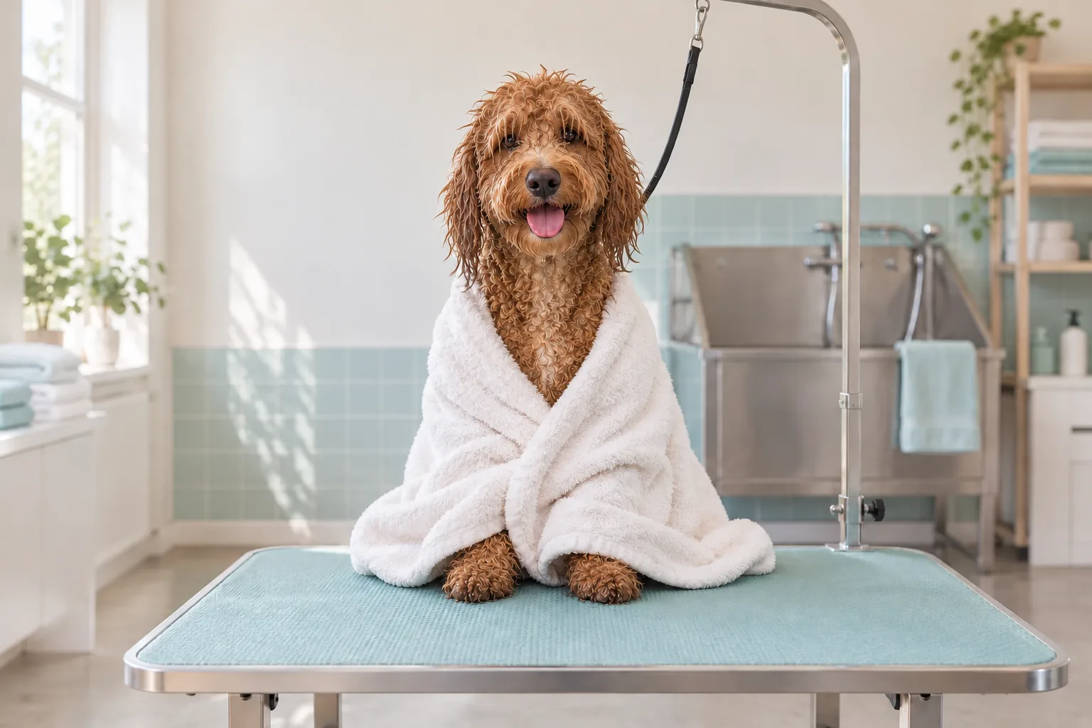 The same wet, shaggy Doodle with dripping ringlets and eyes half-hidden, wrapped in a soft bath towel
