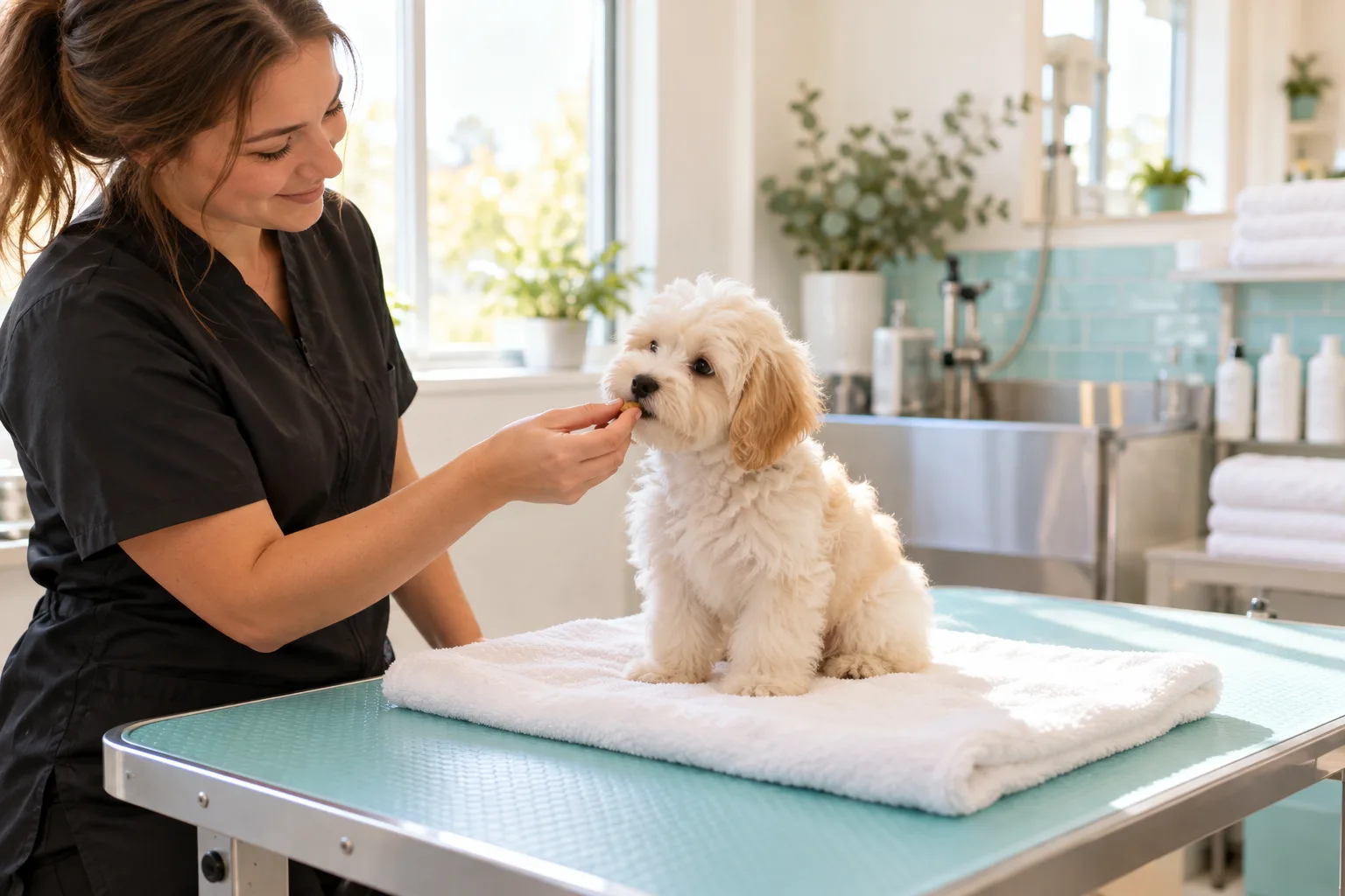 A young puppy getting comfortable on a towel