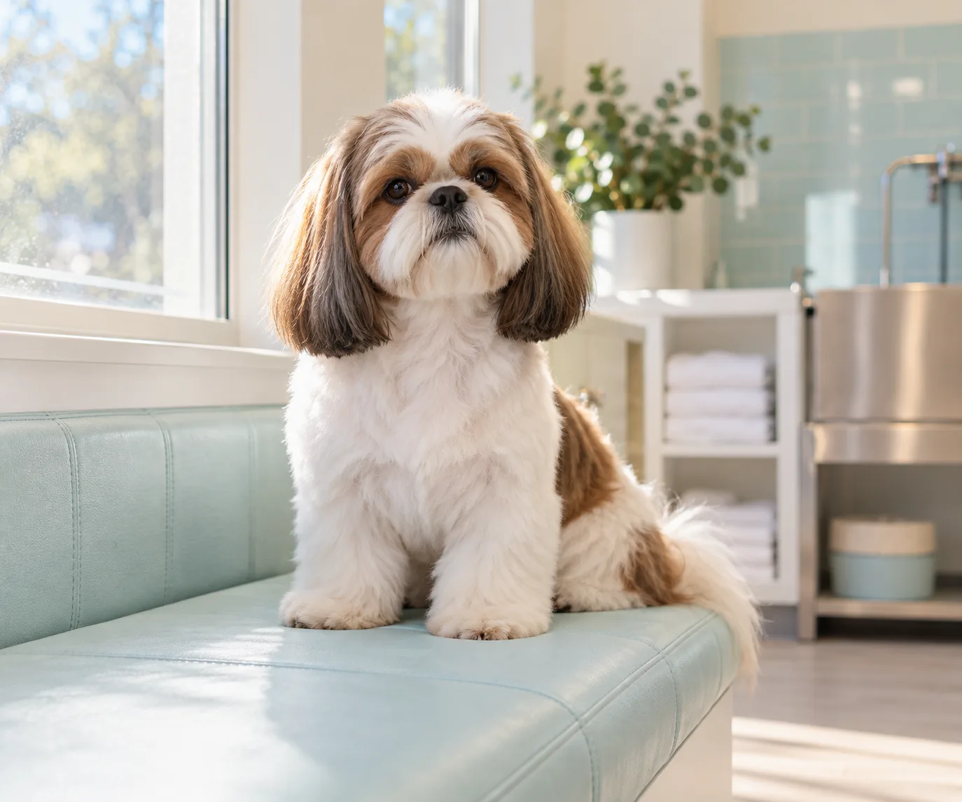 A freshly groomed Shih Tzu relaxing in window light