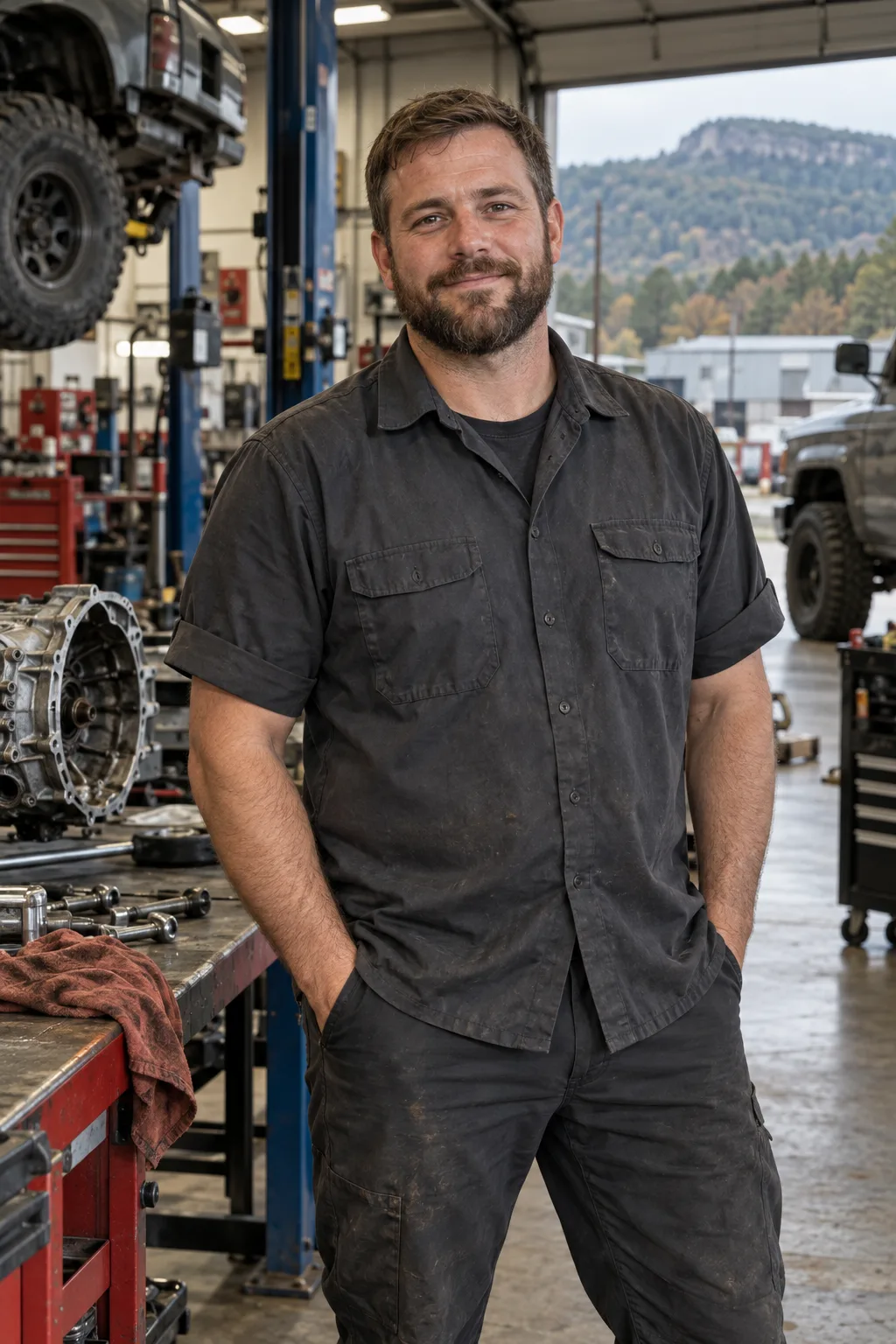 Brandon Keel, fictional mechanic, in his workshop