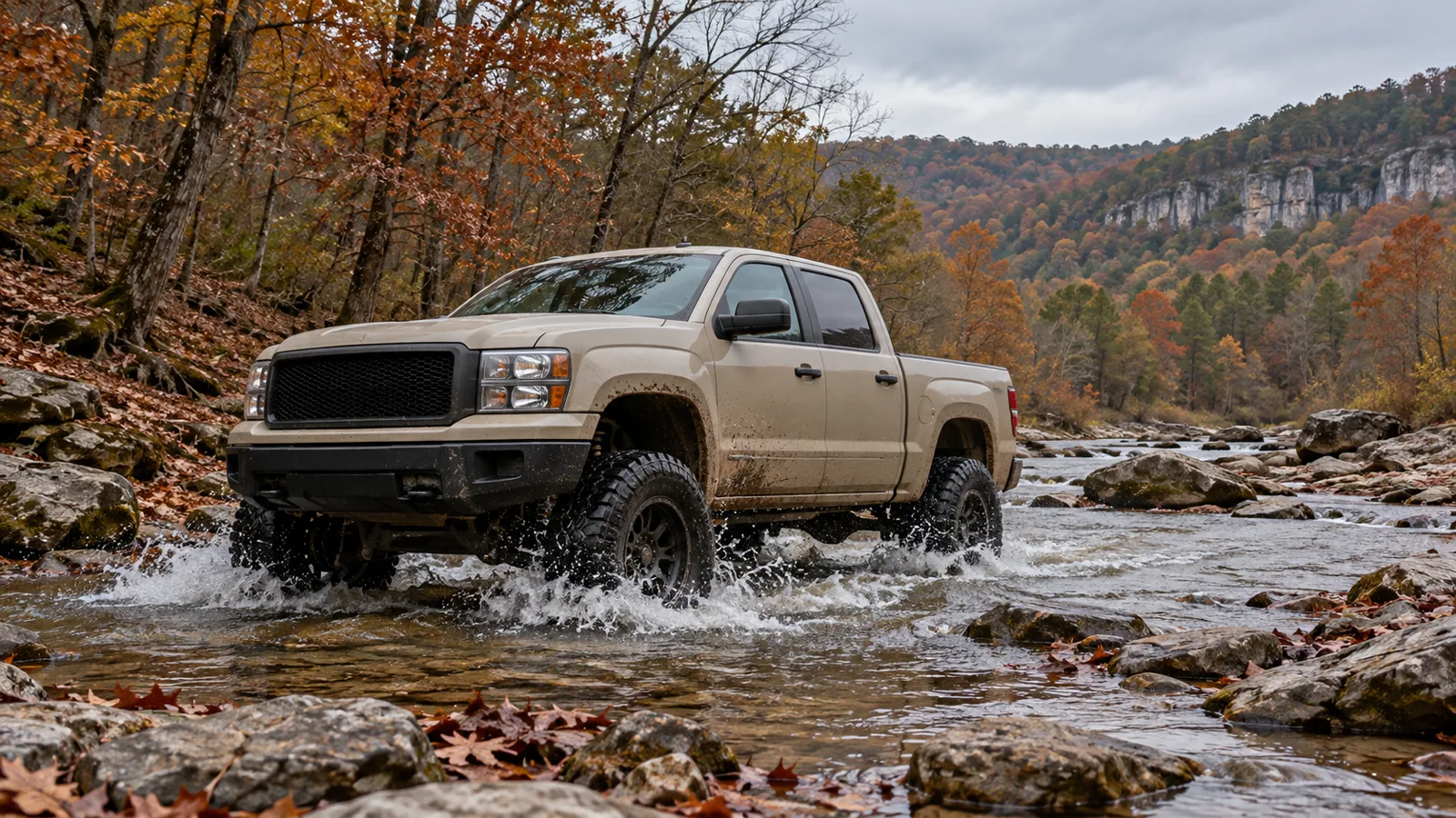 Sand-colored pickup crossing a shallow rocky creek