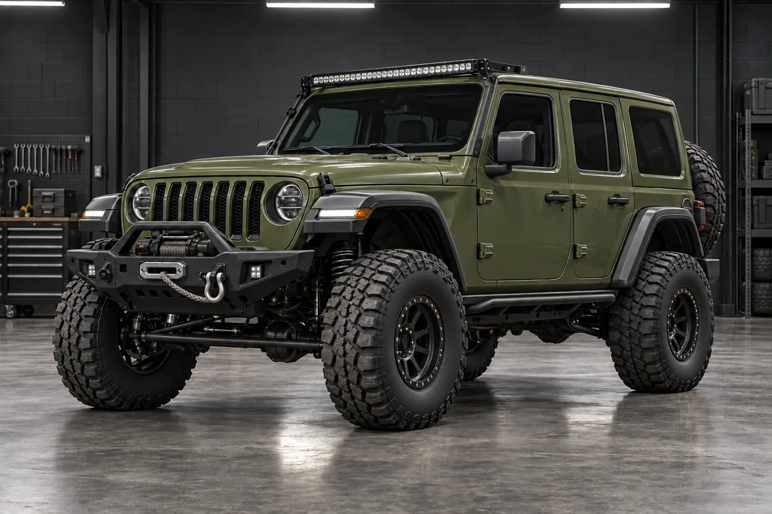 Olive lifted offroad vehicle on the Rock Ledge workshop floor