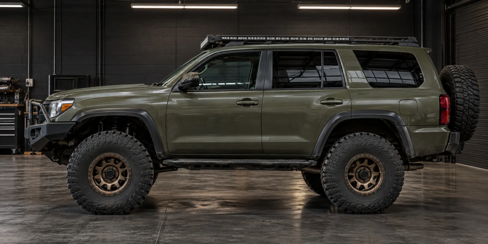 Side view of an olive offroad vehicle in the workshop