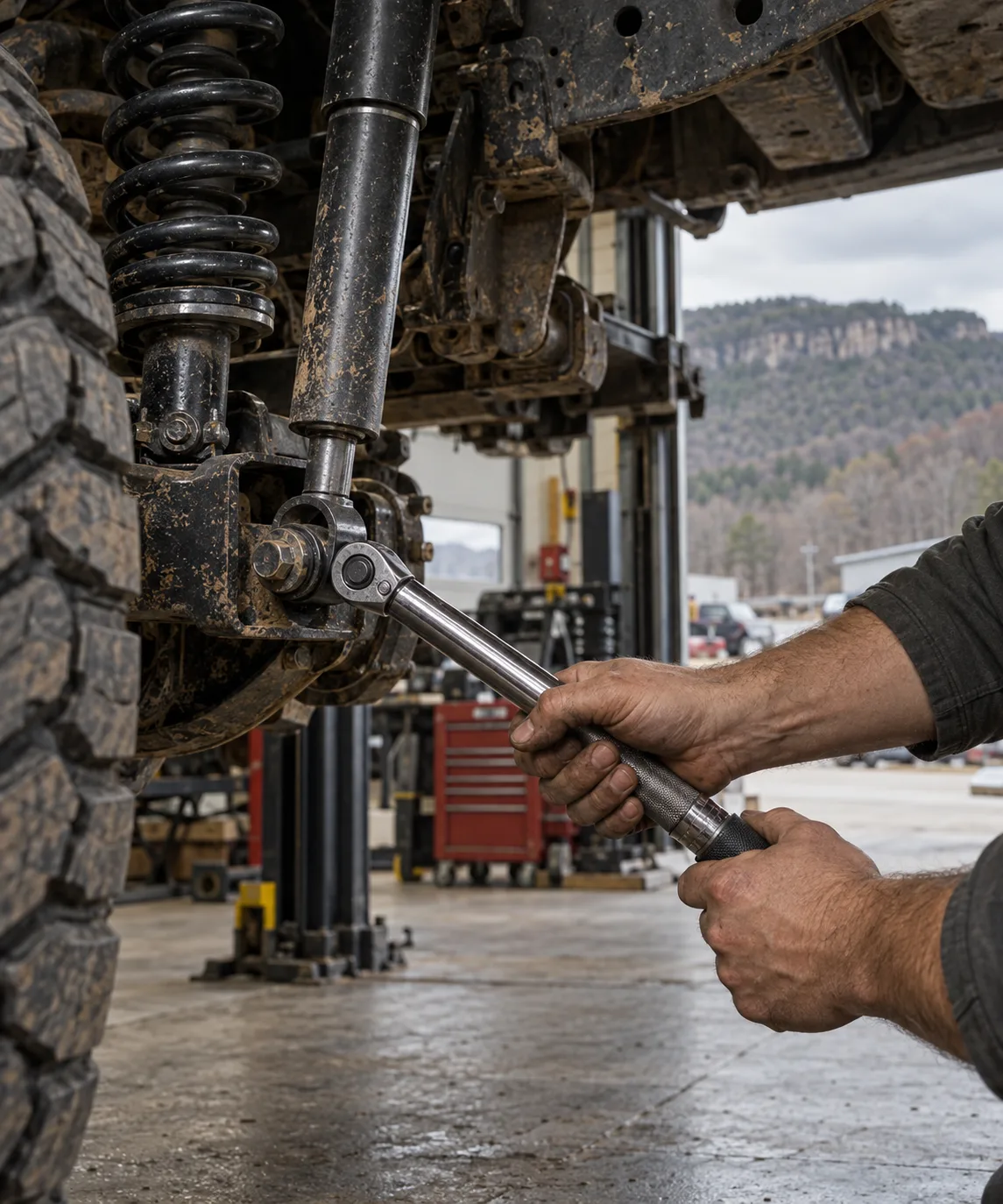 Hands tightening a shock mounting bolt with a torque wrench