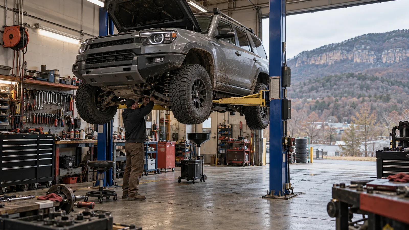 Vehicle on a two-post lift in a tidy independent workshop