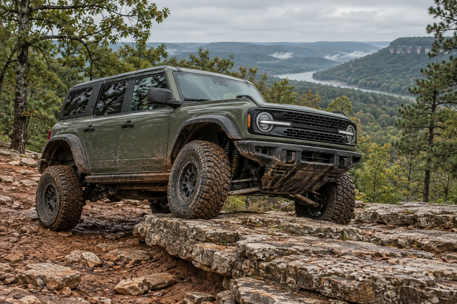 Lifted olive offroad vehicle flexing on an Ozark rock ledge