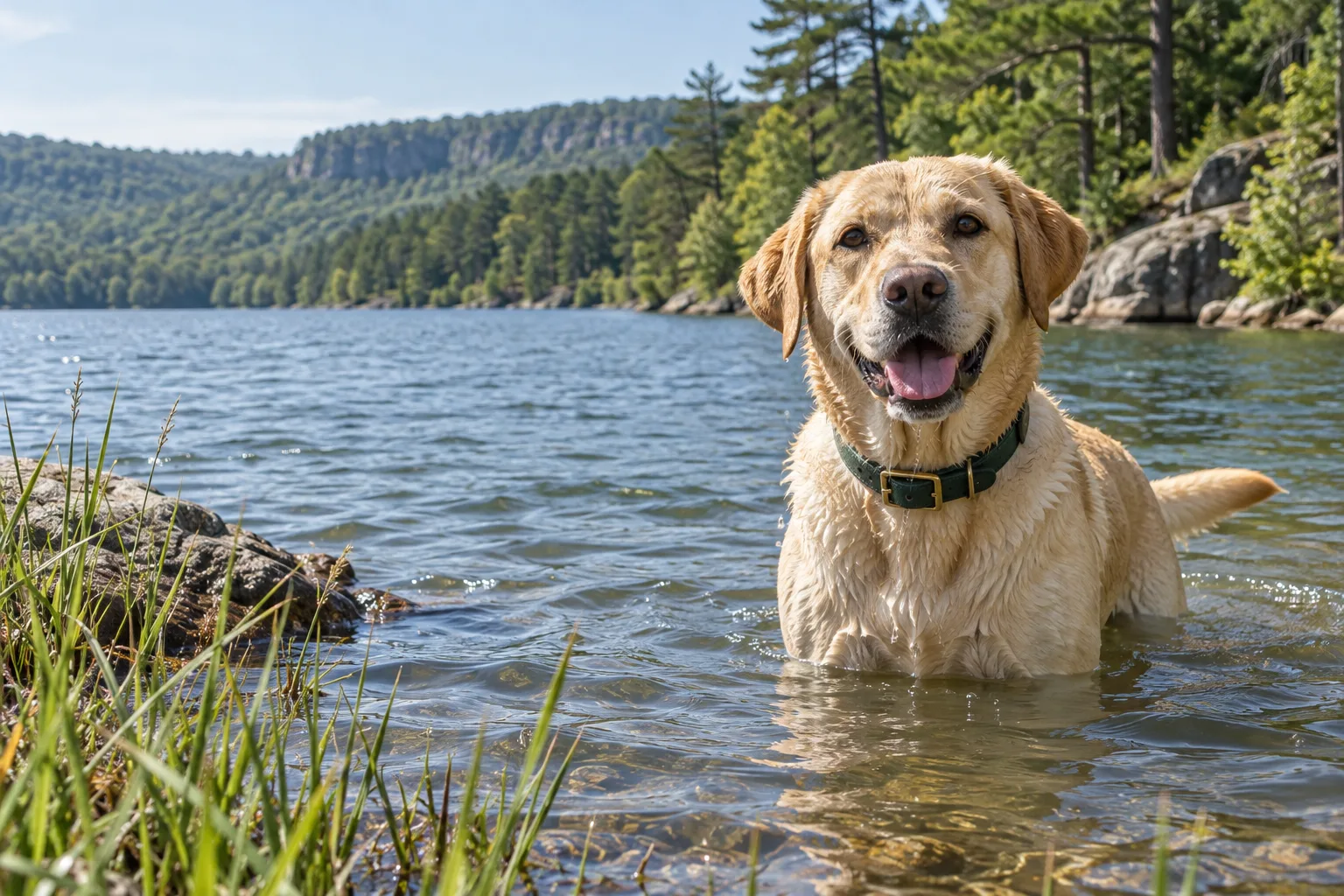 Yellow Labrador wearing a green collar at an Arkansas lake