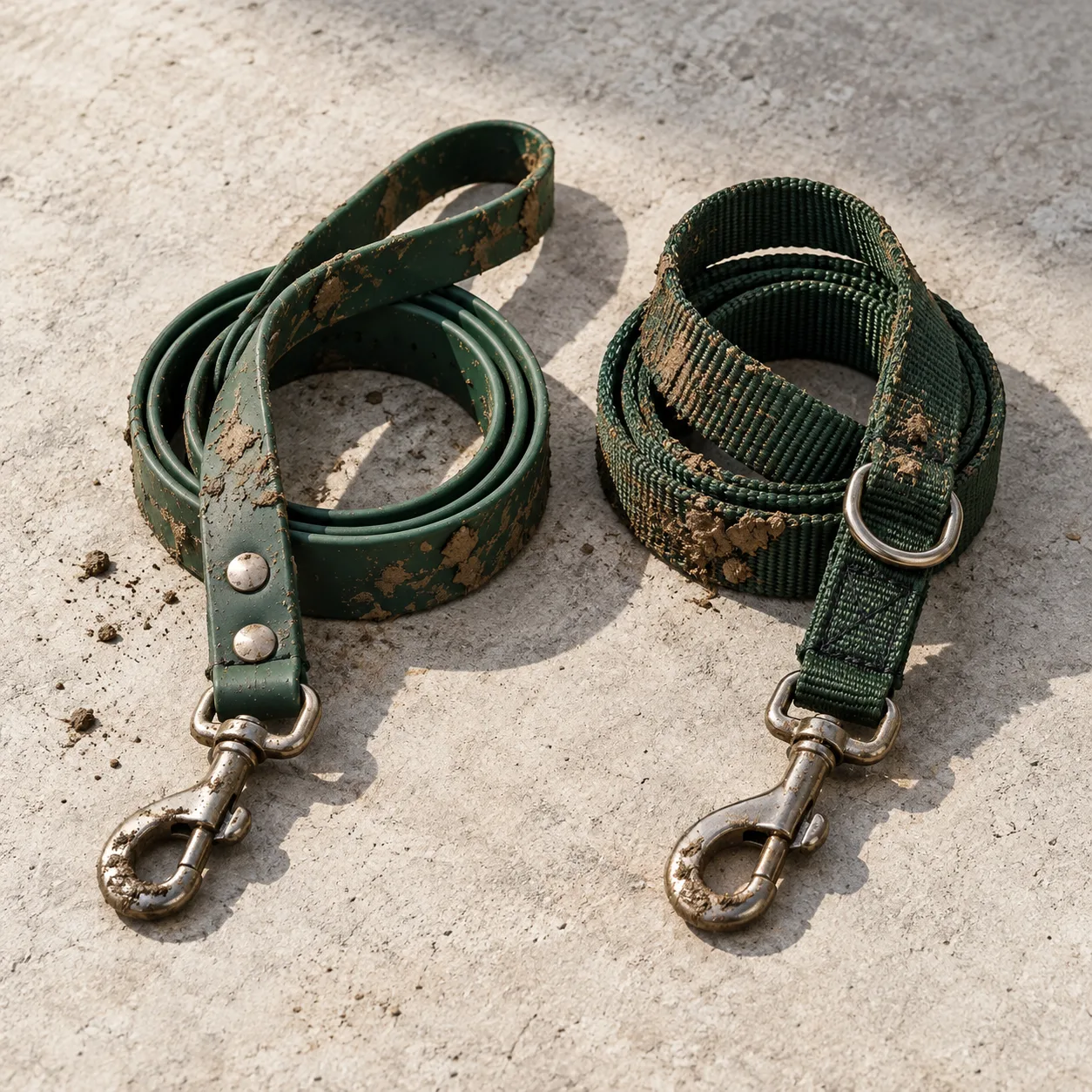 Biothane and nylon straps covered in mud
