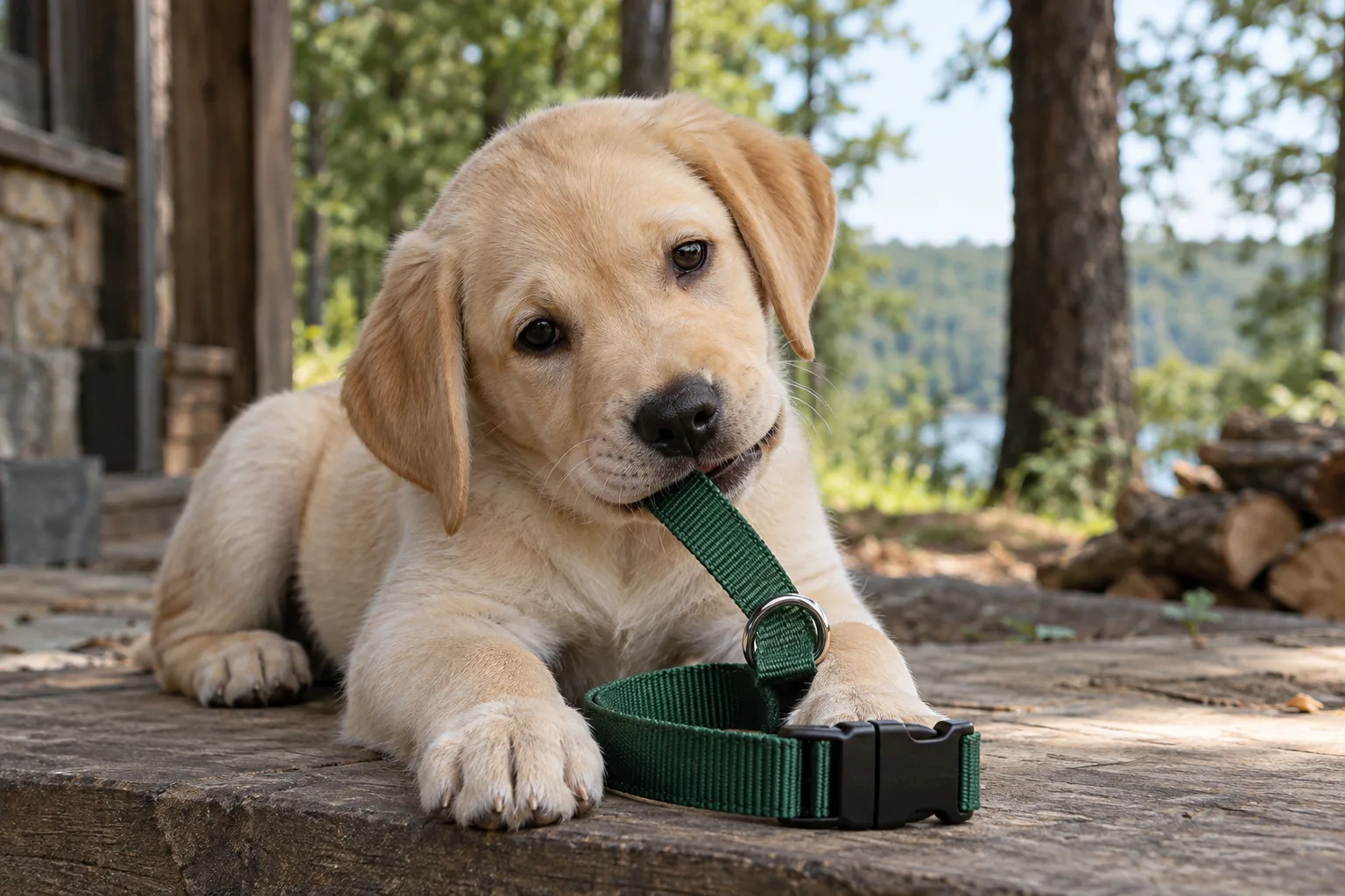 Puppy gently mouthing a loose green collar