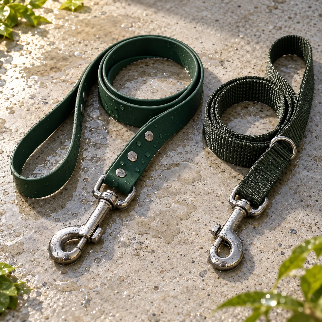 Biothane and nylon straps with water droplets
