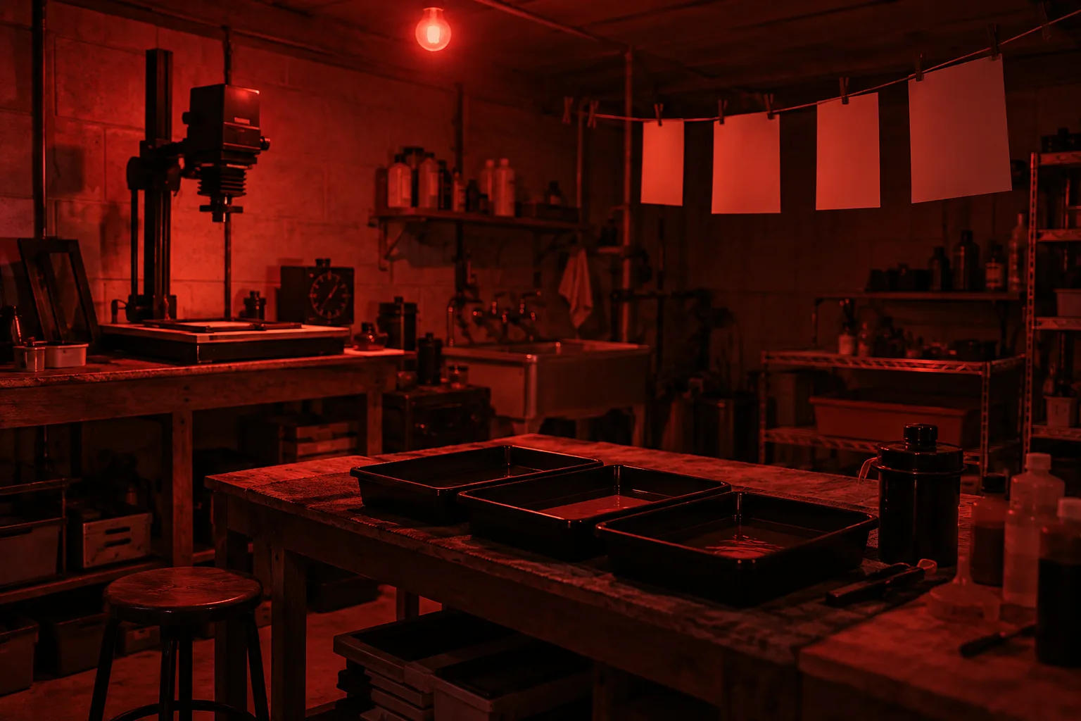 Trays and an enlarger in a garage darkroom under red safelight
