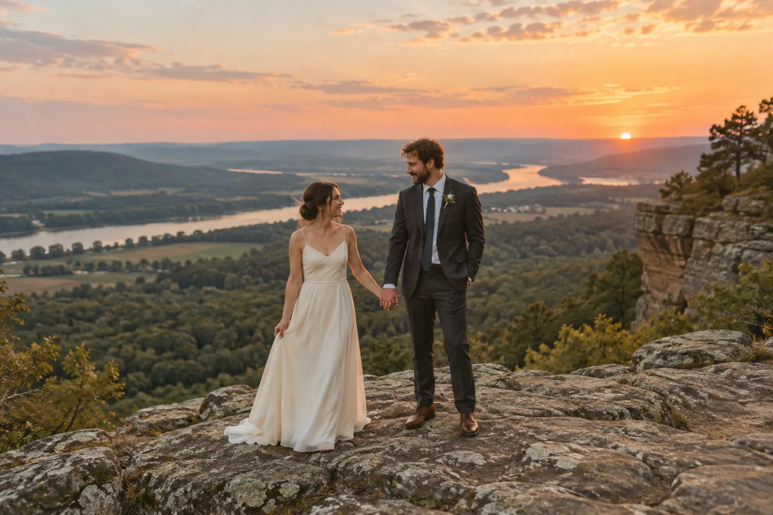 Newlyweds holding hands on a Petit Jean overlook at sunset