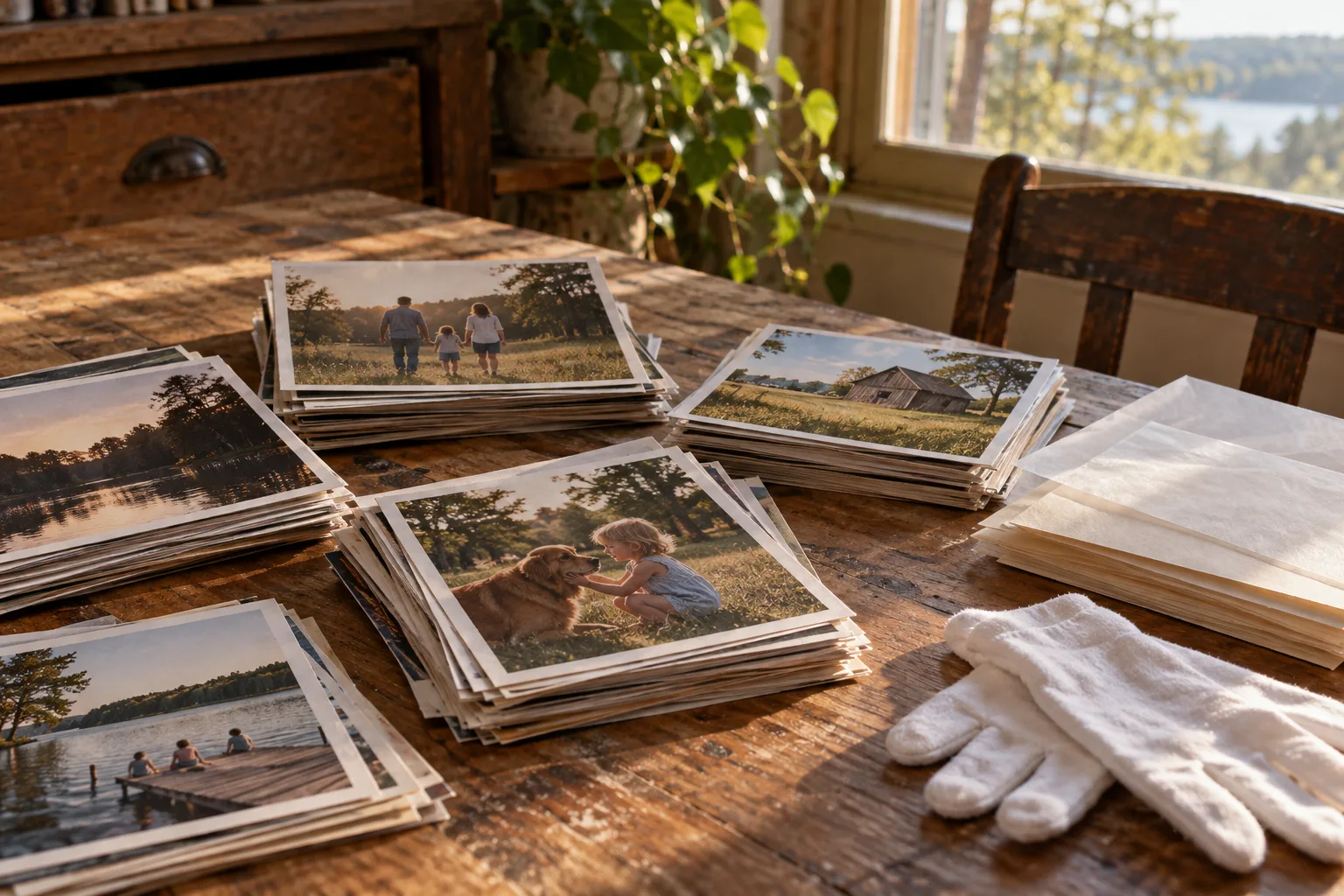 Family photographs beside archival envelopes on a wooden bench