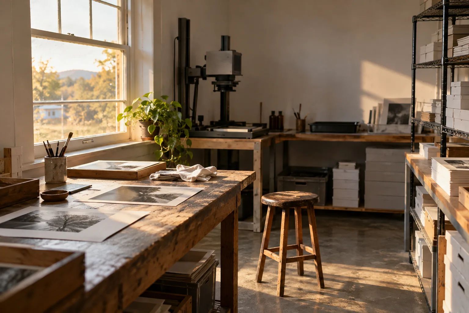 Window light in Lauren’s small garage print studio