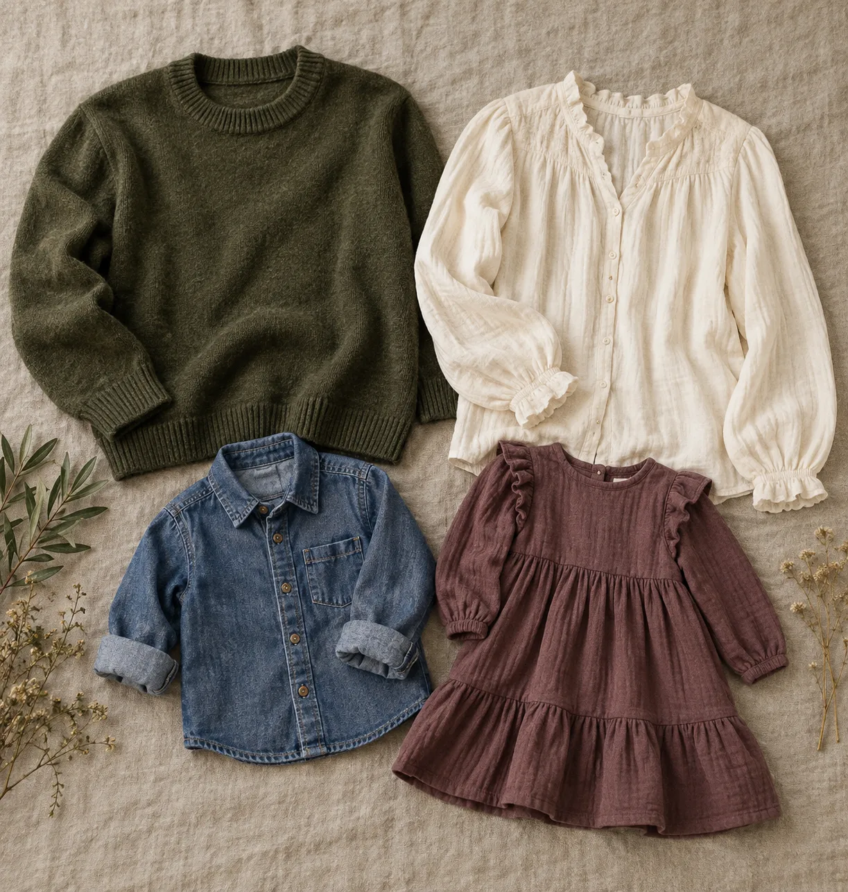Four fall outfits in olive, ivory, denim and plum