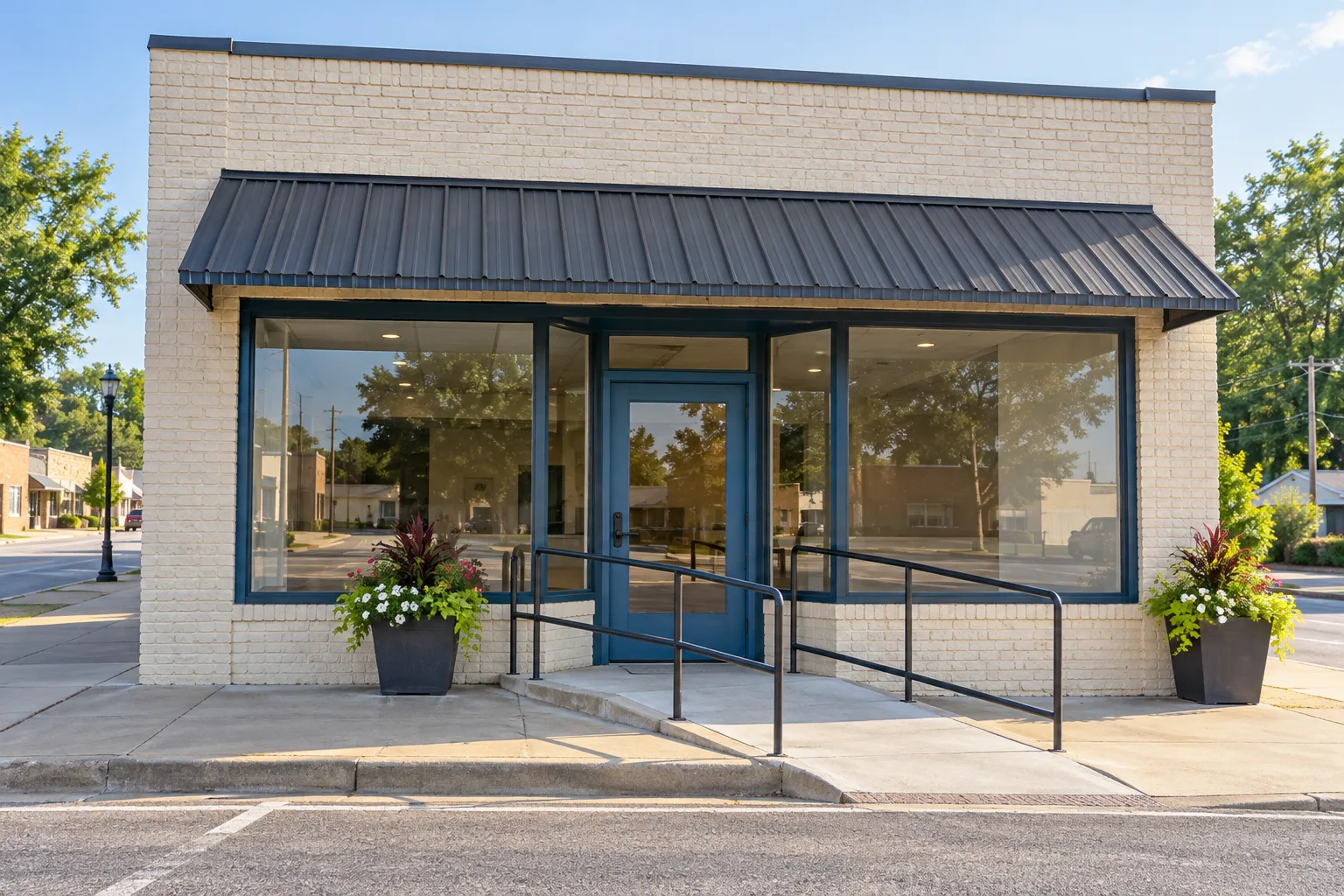 Accessible ramp and unlettered clinic entrance.