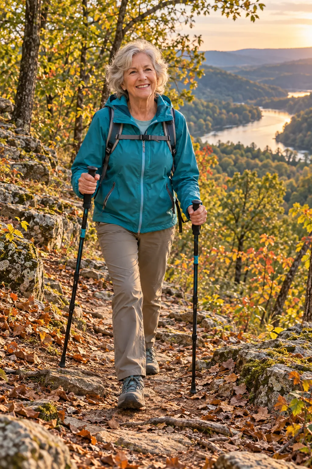 Older woman walking an Ozark trail with hiking poles.