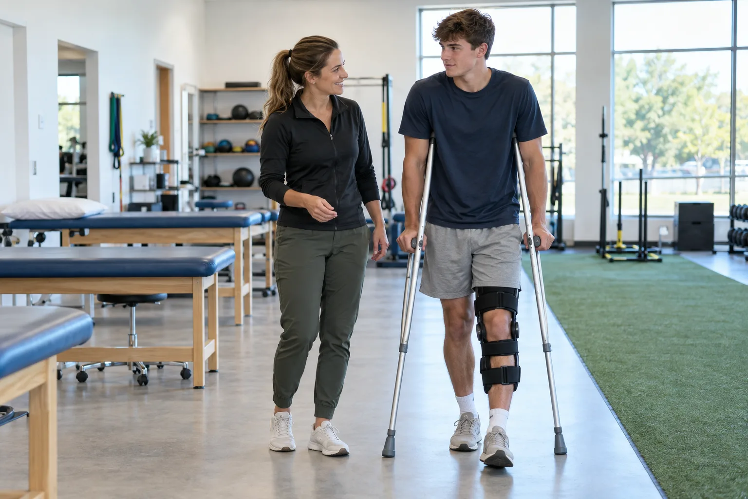 Athlete using crutches and a knee brace beside a therapist.