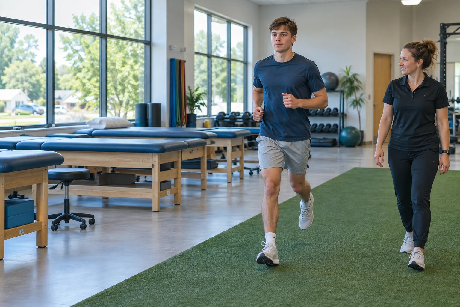 Athlete jogging the clinic turf strip.