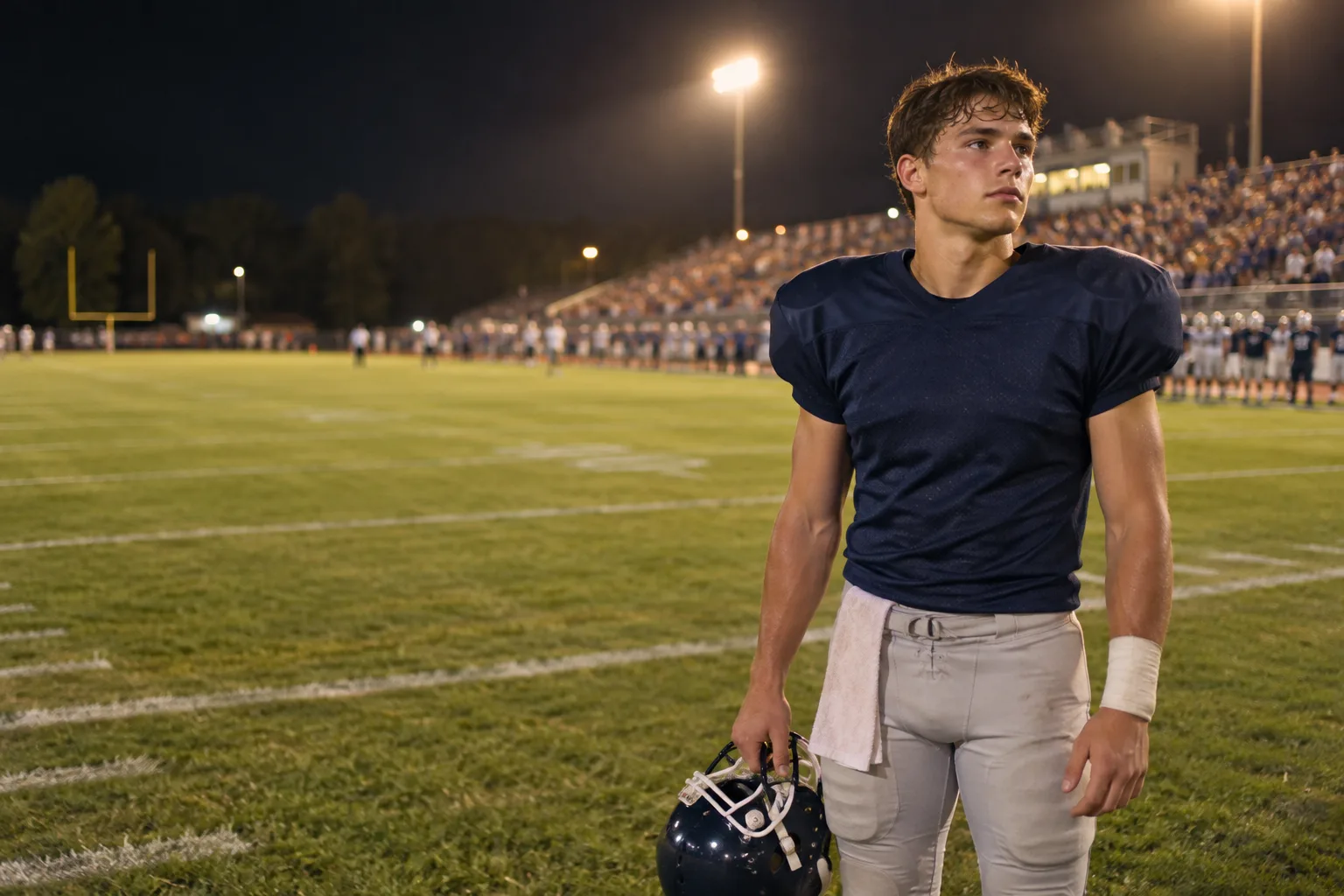 Athlete standing on a football field under stadium lights.