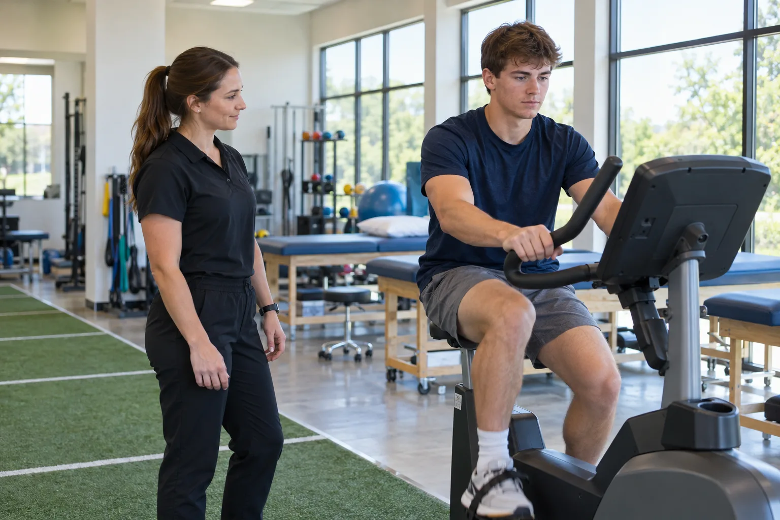 Athlete on a stationary rehabilitation bike.