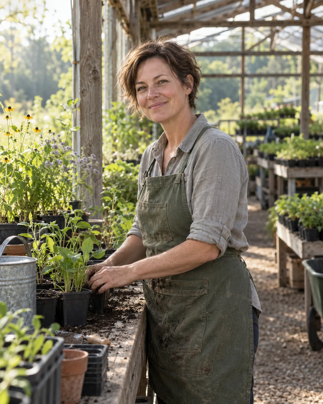 Dana, the imagined nursery horticulturist, at her greenhouse bench