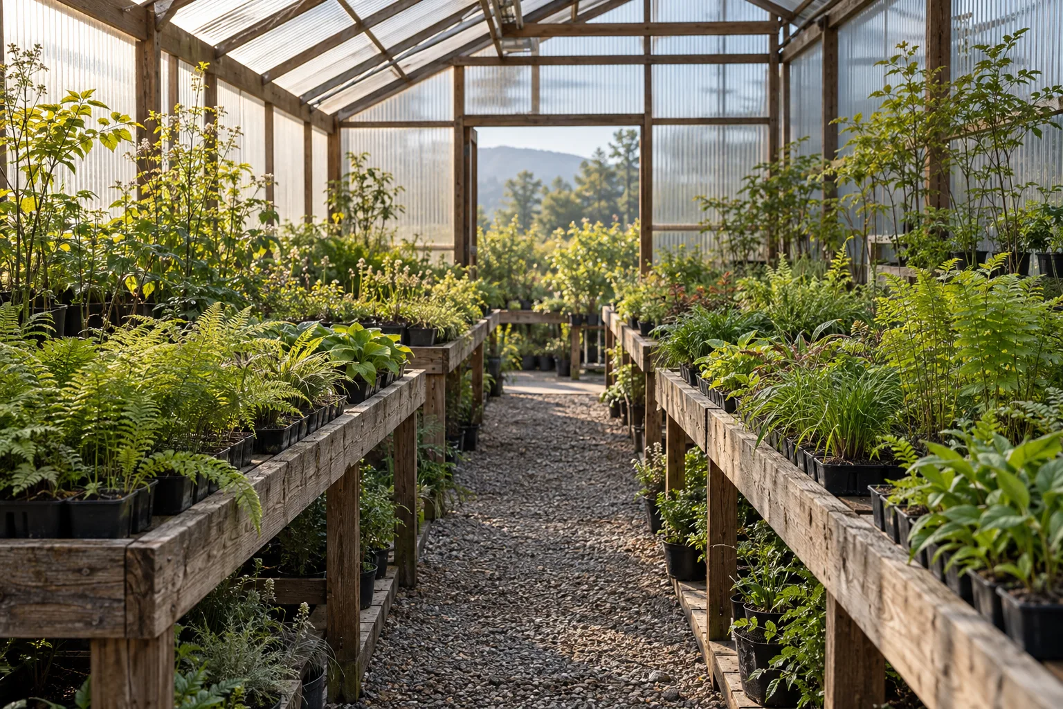 A sunny aisle through our imagined Arkansas greenhouse