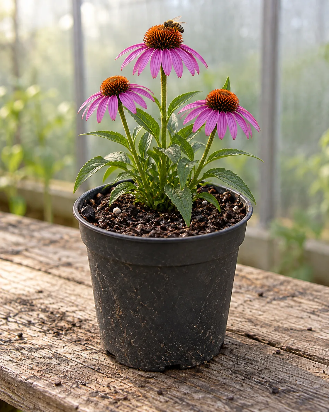 Purple coneflower flowering with a bee