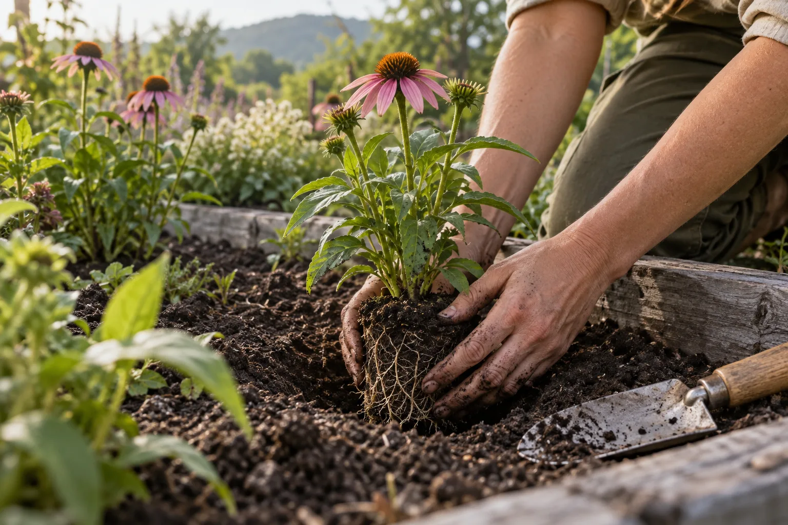 Soil-stained hands planting a rooted plug in a garden bed
