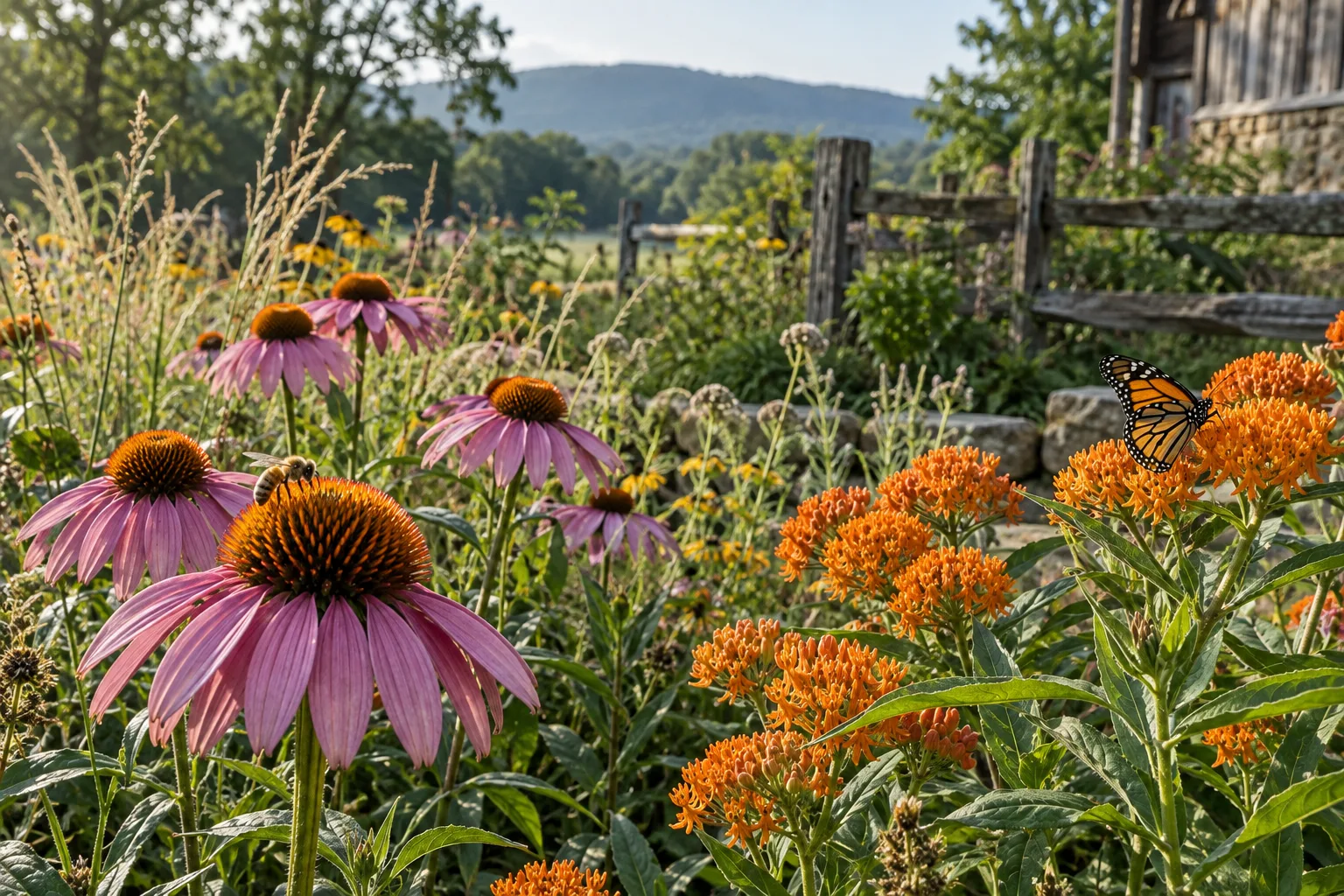 Purple coneflowers and orange milkweed with pollinators in a summer bed