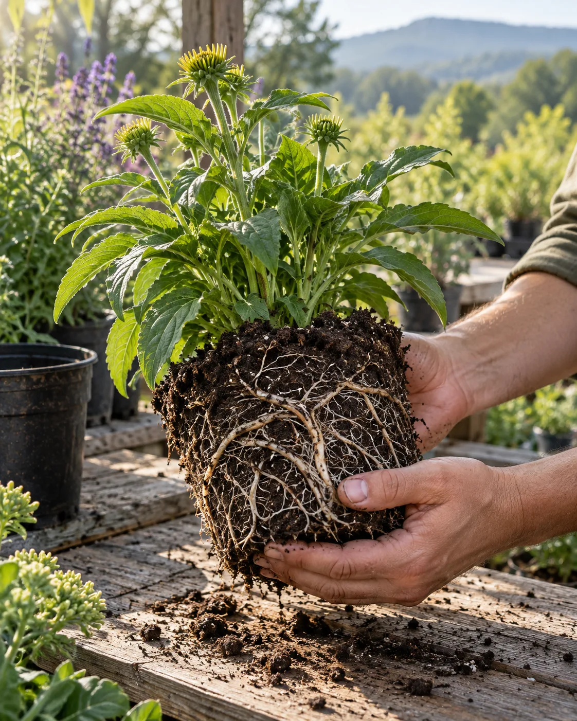 Healthy white roots holding together a native plant root ball
