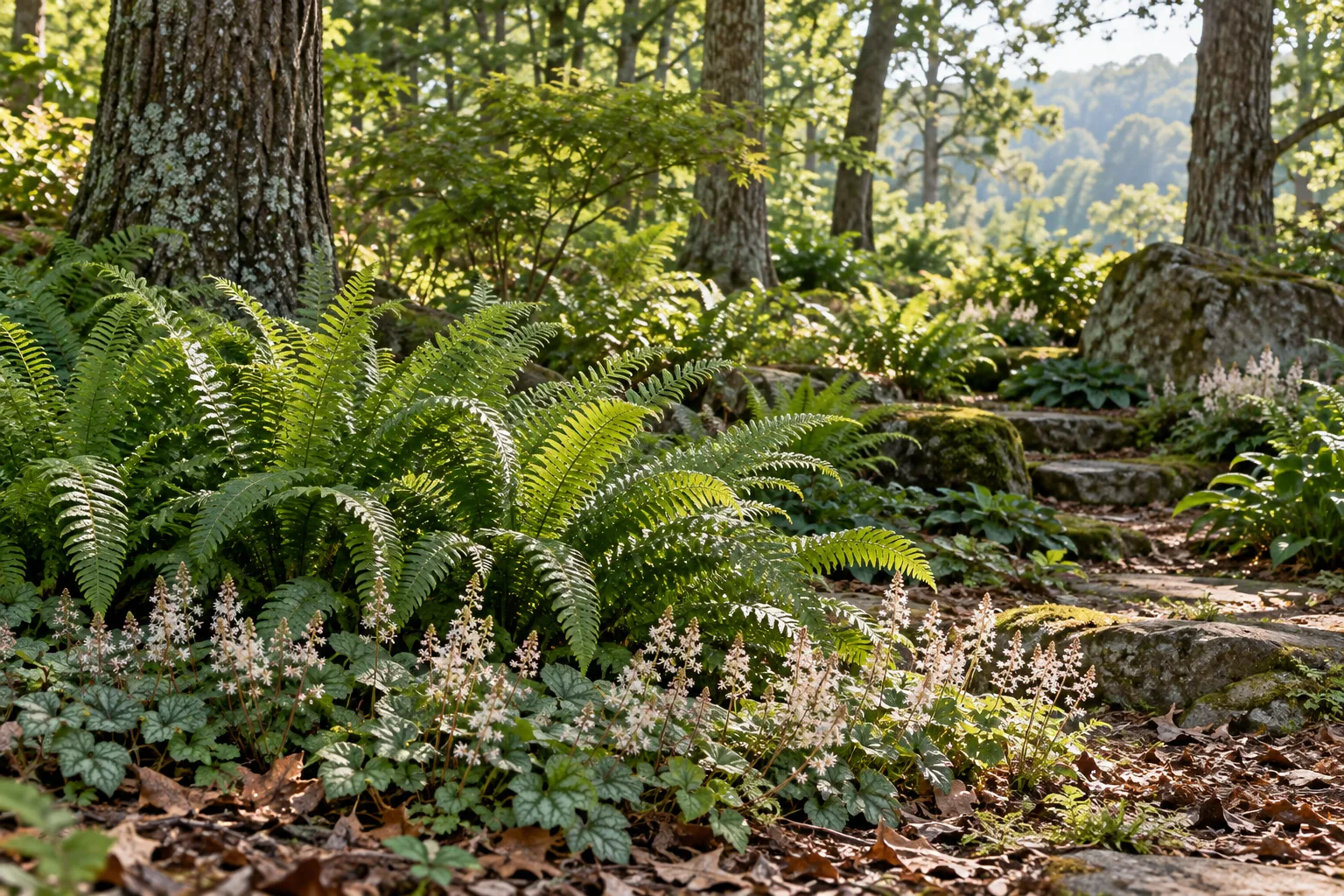 Christmas ferns and foamflower in a dappled woodland bed