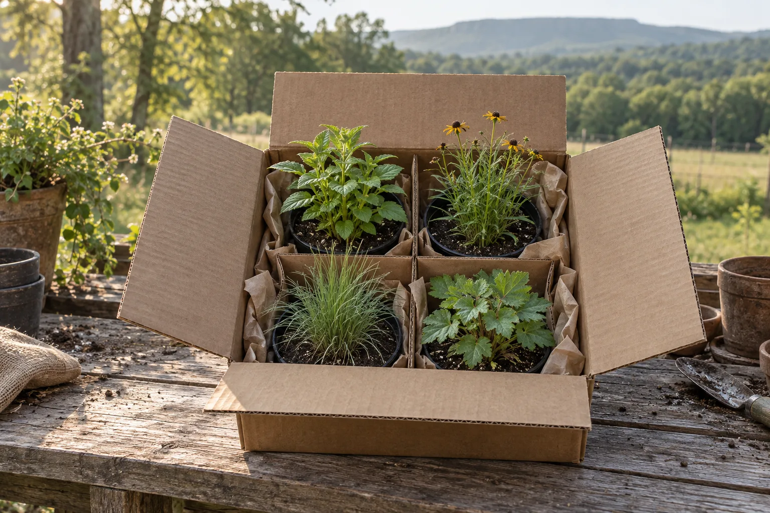 Four nursery plants packed upright in an unprinted recycled cardboard box