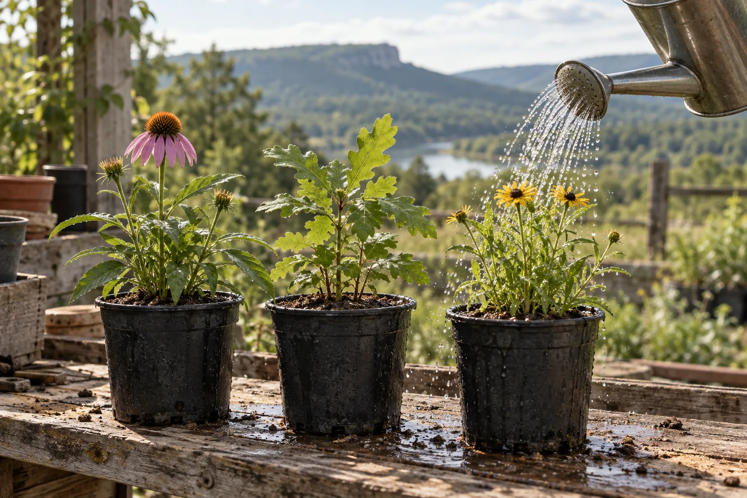 A metal watering can watering native plants on a greenhouse bench