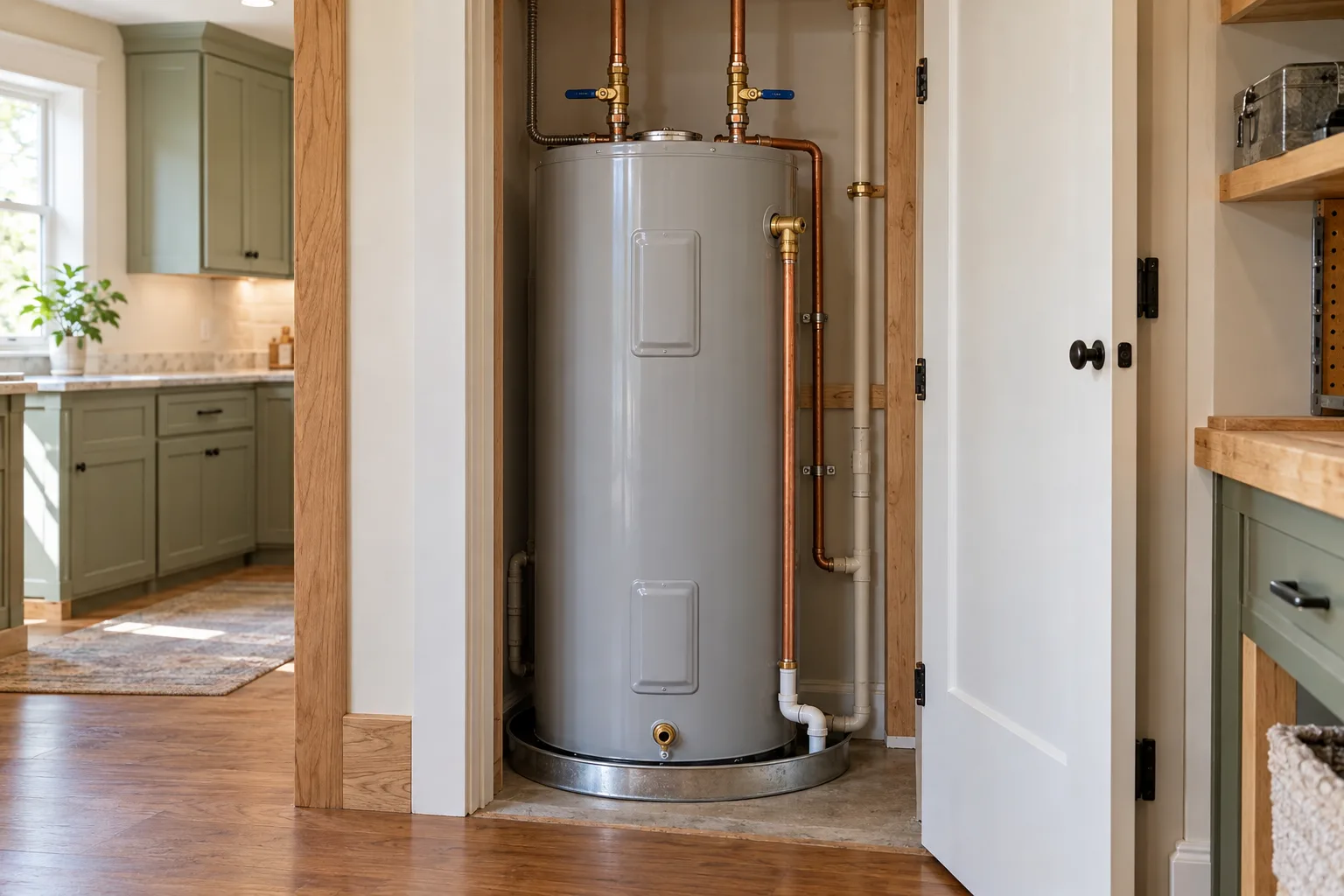 New electric water heater in a tidy utility room