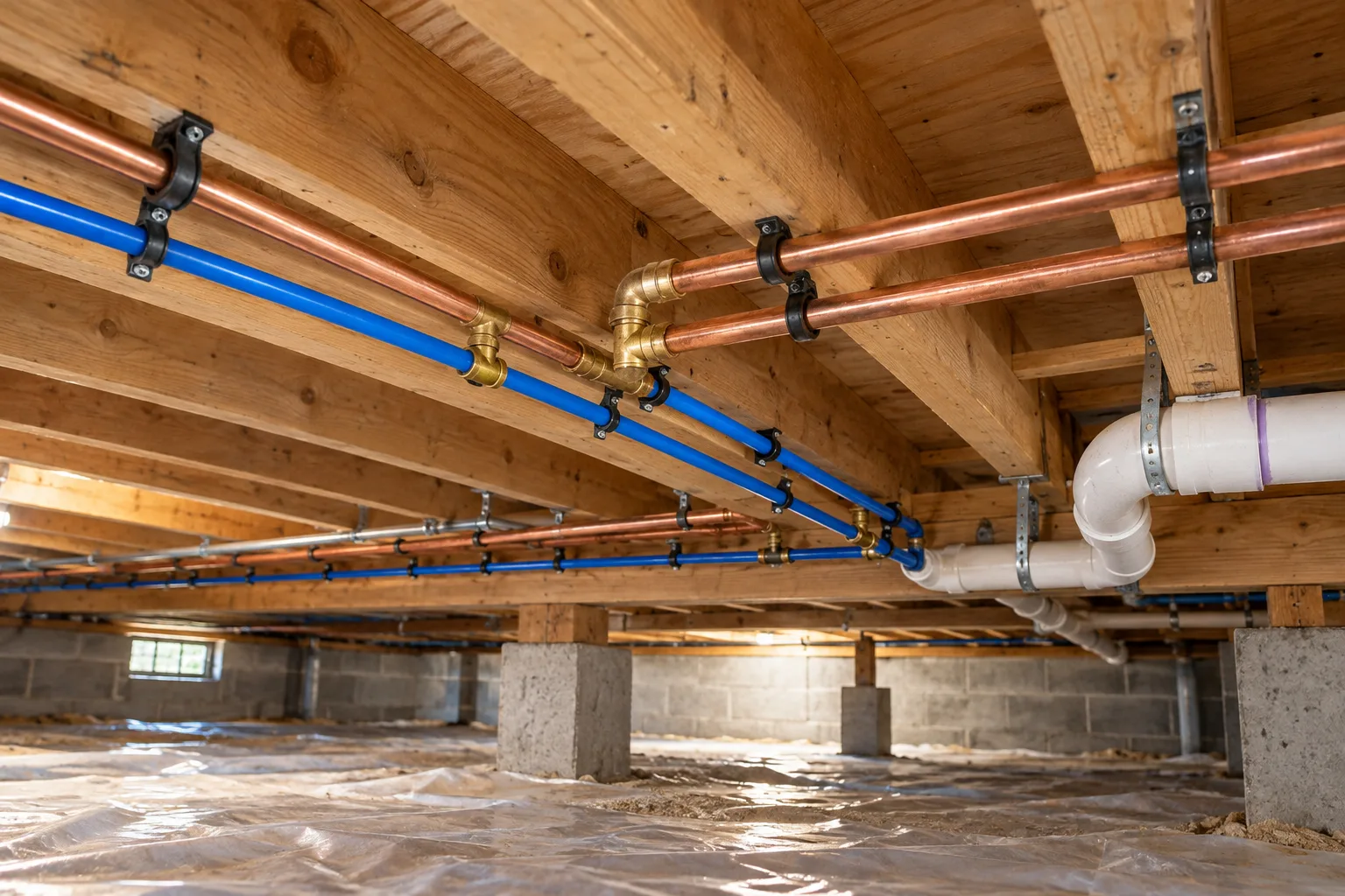 Neatly strapped supply pipes below a kitchen floor