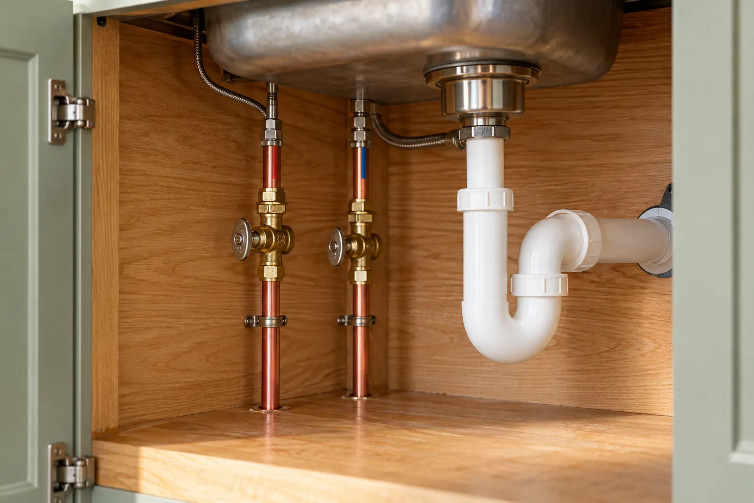 Copper supply lines and shutoffs inside a kitchen cabinet