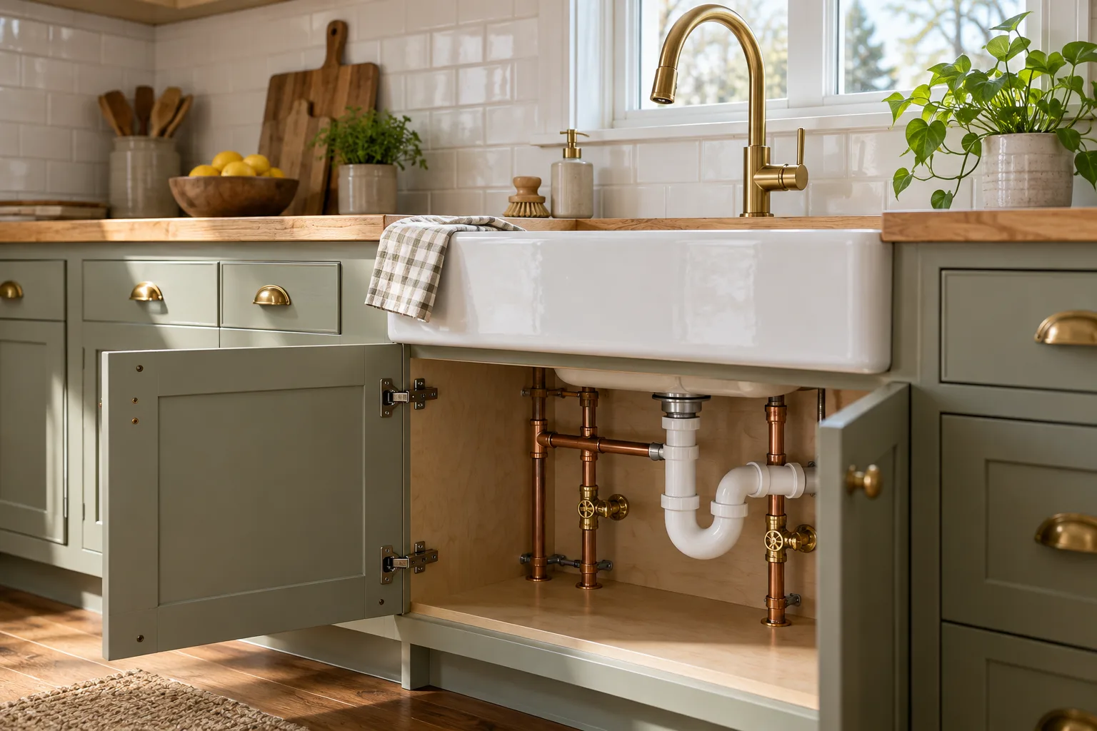 Clean brass kitchen faucet and neatly fitted supply lines inside a sage cabinet