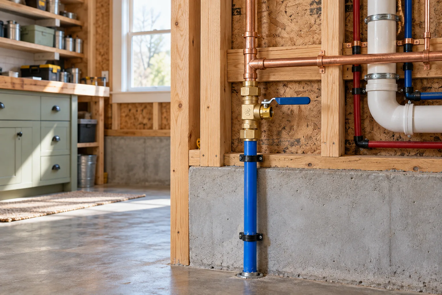 An accessible main water shutoff inside a framed utility room
